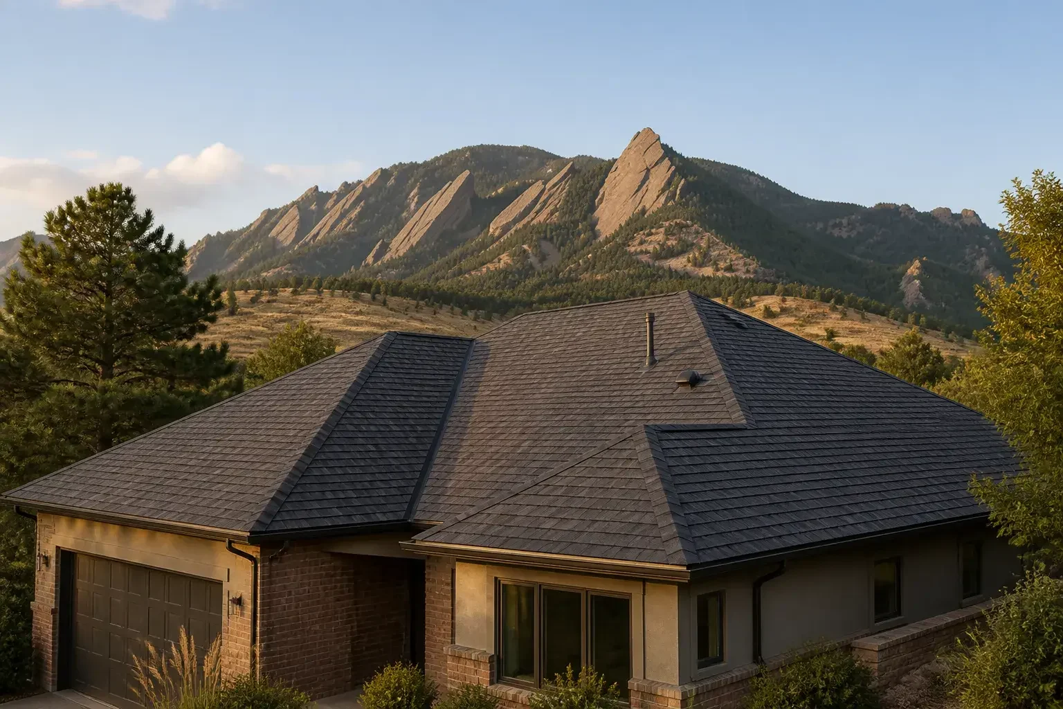 New roof on a Boulder home with the Flatirons behind it